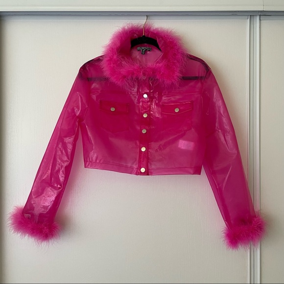 Dolls Kill Jackets & Blazers - Dolls Kill Hot Pink Faux Fur Trim PVC Crop Jacket